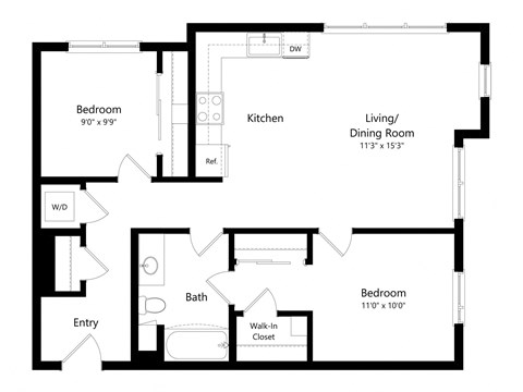 Floor plan for 2 beds, 1 bath, 878 sqft